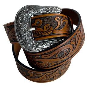 Men's Tooled Handcrafted Brown Genuine Leather Western Belt Silver Buckle 42